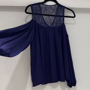 Parker Navy Blue Lace Silk Accent Top